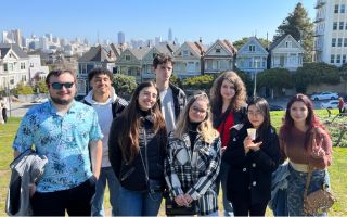 International students in the park in front of the Painted Ladies