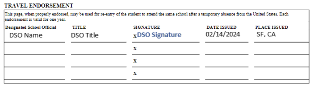 Travel Endorsement with DSO signature