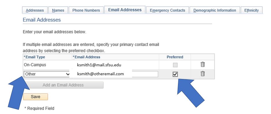 In SEVP, select Email Type "Other" and check "Preferred"