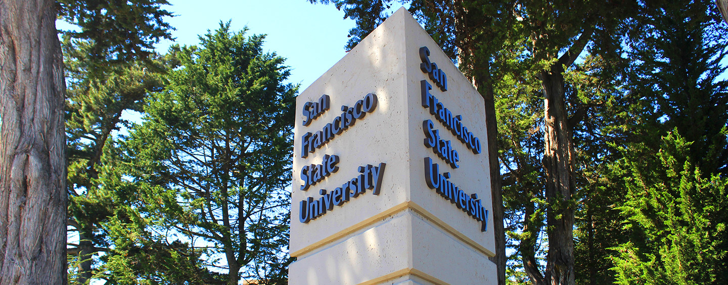 SF State sign with trees