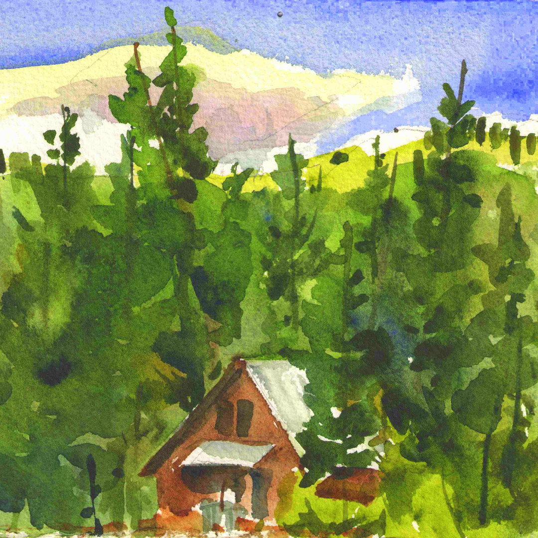 Watercolor painting of a cabin at the Sierra Nevada Field Campus