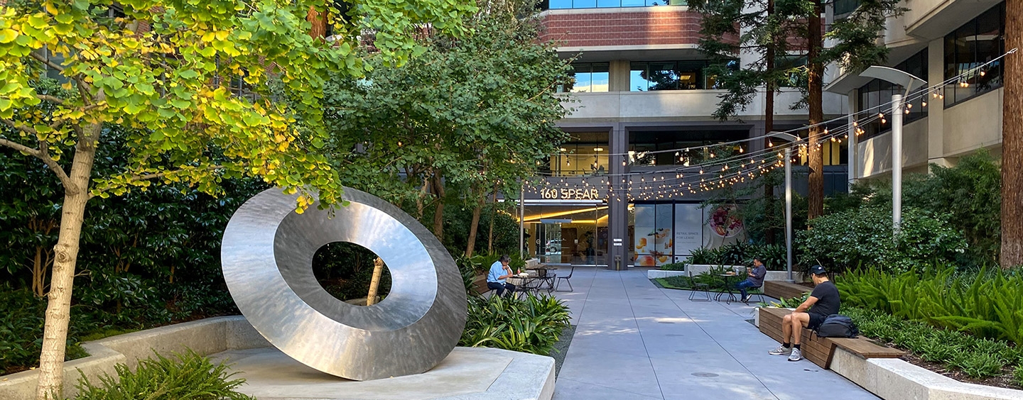 The courtyard and sculpture at the Downtown Campus