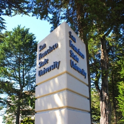 SF State sign with trees