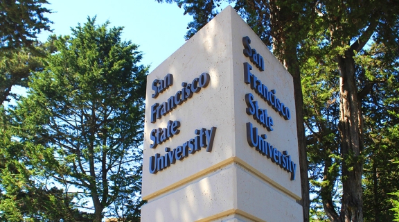 SF State sign with trees